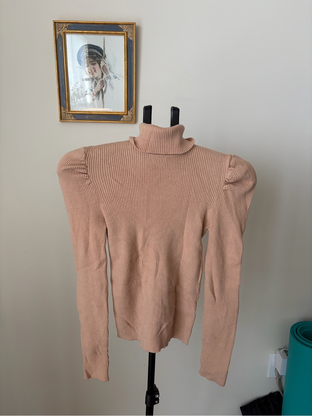 Camel Tan Ribbed Knit Turtleneck Sweater Puff Shoulder Fitted Long Sleeve L